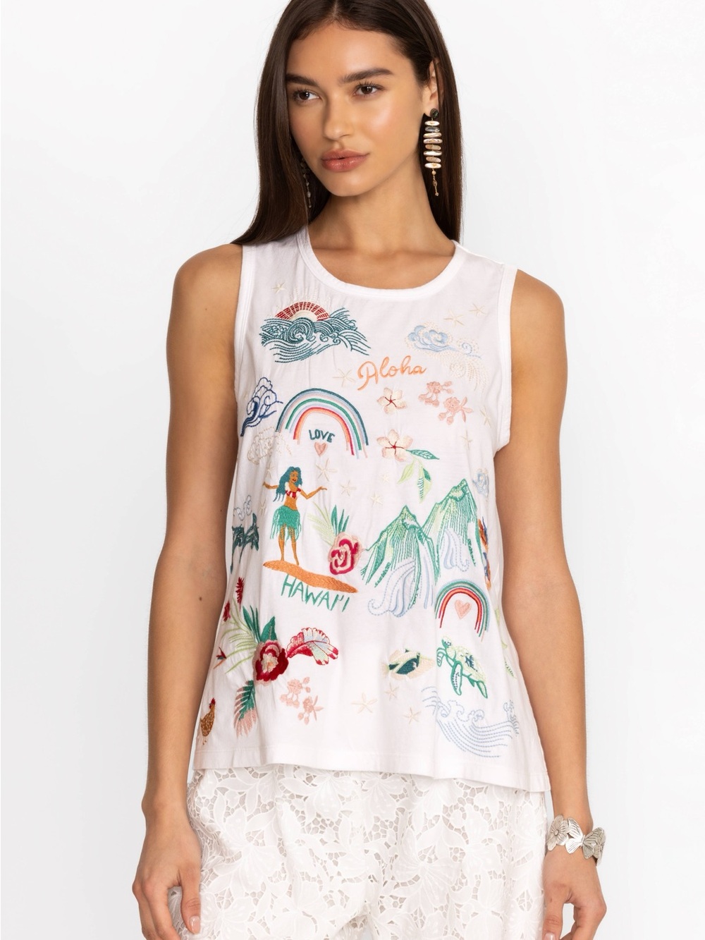 Johnny Was brand white Embroidered Hawaiian Graphic Tank Top, size XS